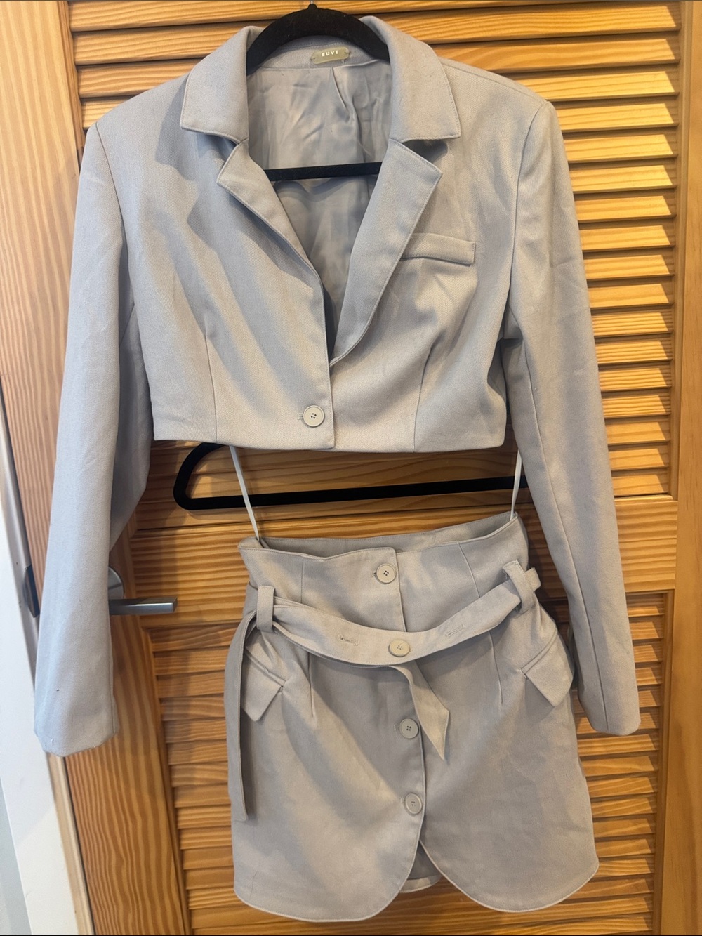 Cropped Light Gray Skirt Set — Tailored Blazer & Belted Mini Skirt